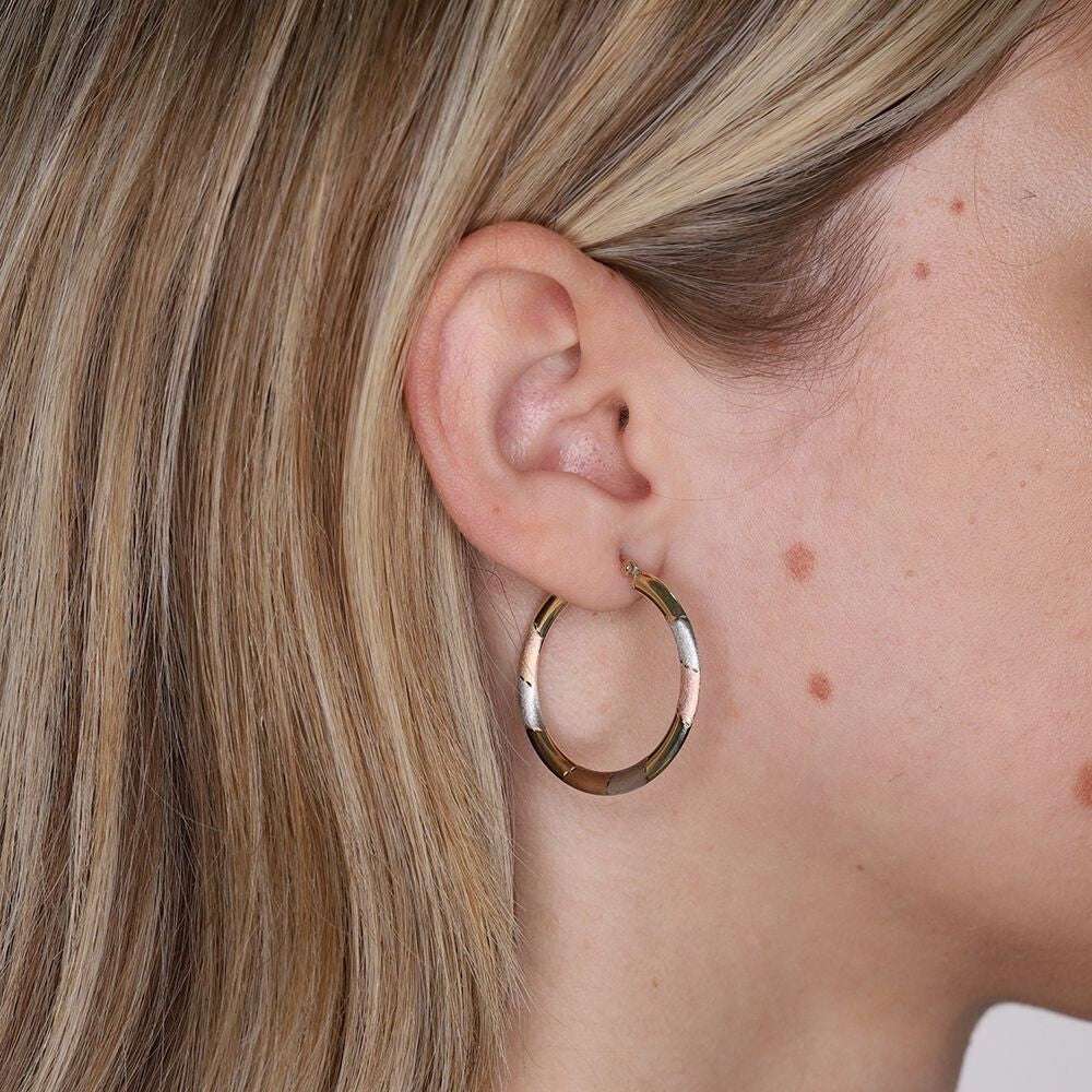 Three Colour Gold Hoop Earrings 30mm Diamond Cut Design Hallmarked Hoops