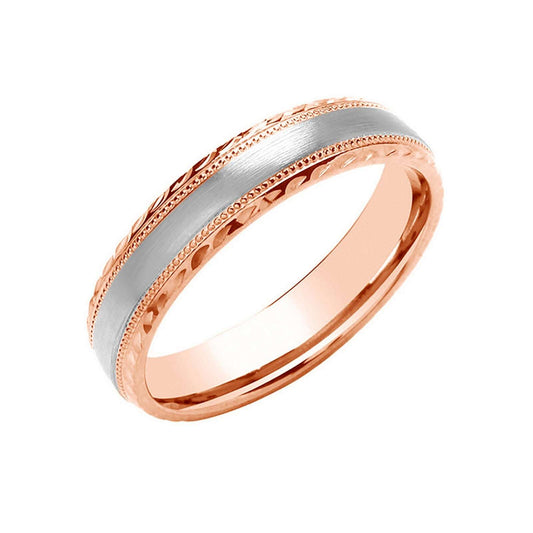 5mm D-Shape Wedding Ring Millgrain D/C Edge 18k Rose & White Gold Made to Order