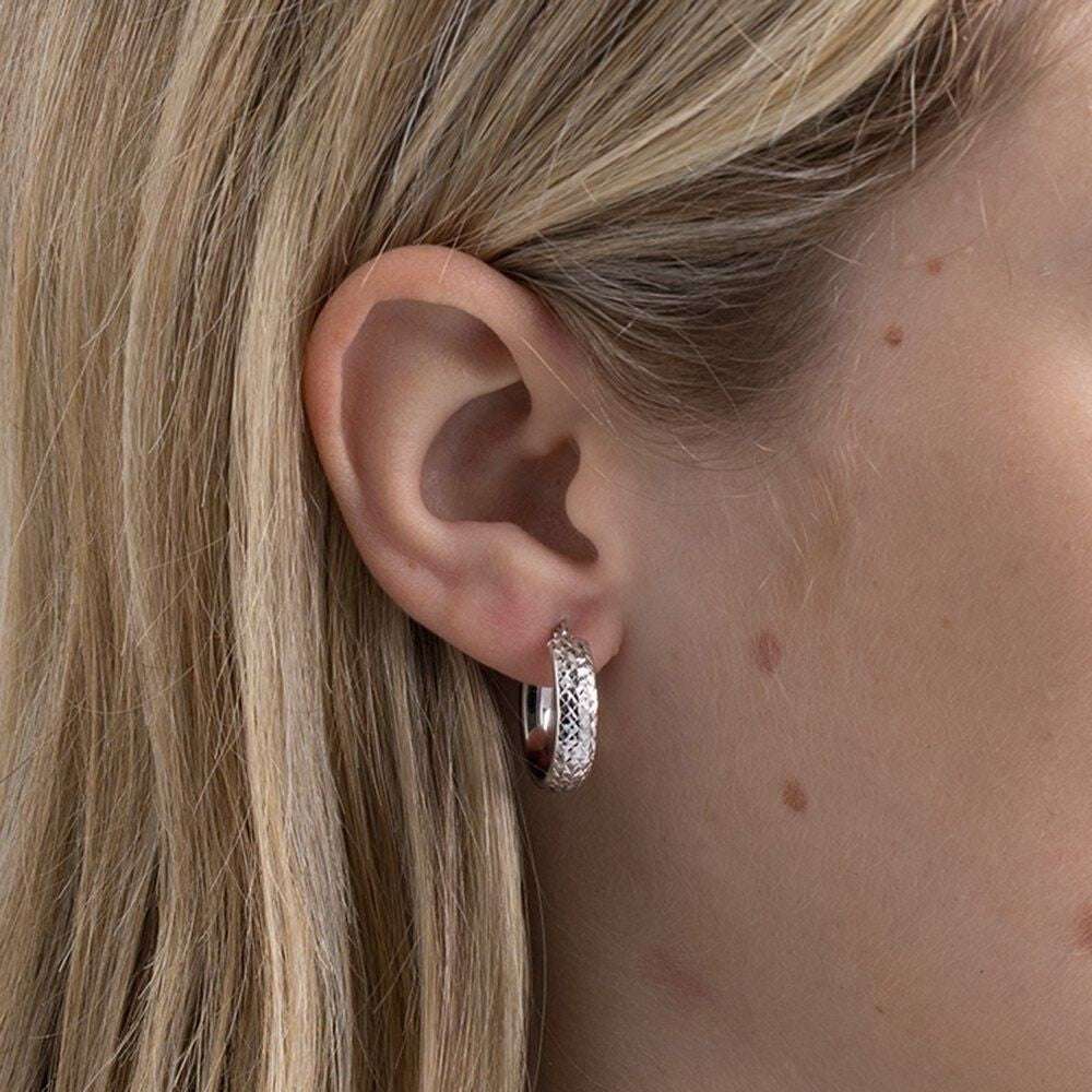 Tyre Tread Hoop Earrings 20mm 9ct White Gold D-Shape Creole Hoops Hallmarked