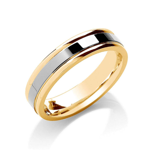 5mm Flat Court Wedding Band Two Colour Parallel Groove 9ct Yellow and White Gold