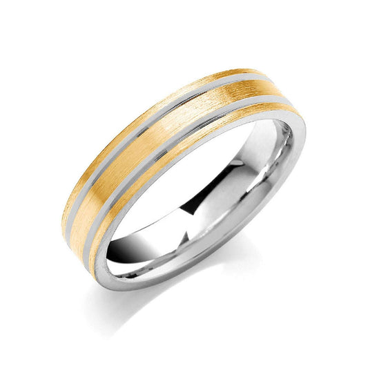 5mm Flat Court Wedding Band Matt Finish Parallel Groove 9k White and Yellow Gold