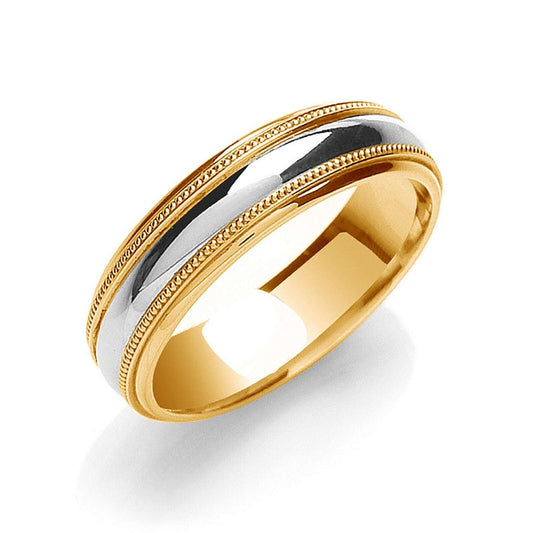 6mm Court Wedding Band Millgrain Edge 2 Colour 9ct Yellow Gold White Gold Centre