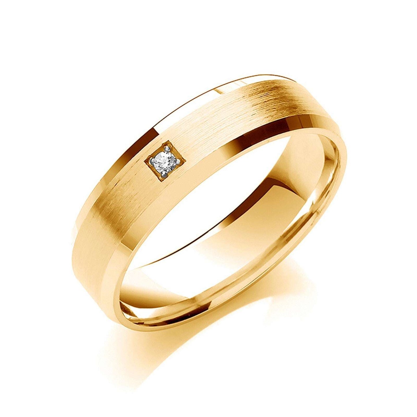 Diamond Set 6mm Wedding Band Flat Court Bevelled Edge Matt Centre 9k Yellow Gold