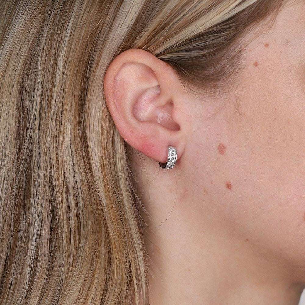 White Gold Huggie Hoop Earrings Pave Set Zircon 12mm Hinged Hoops Hallmarked
