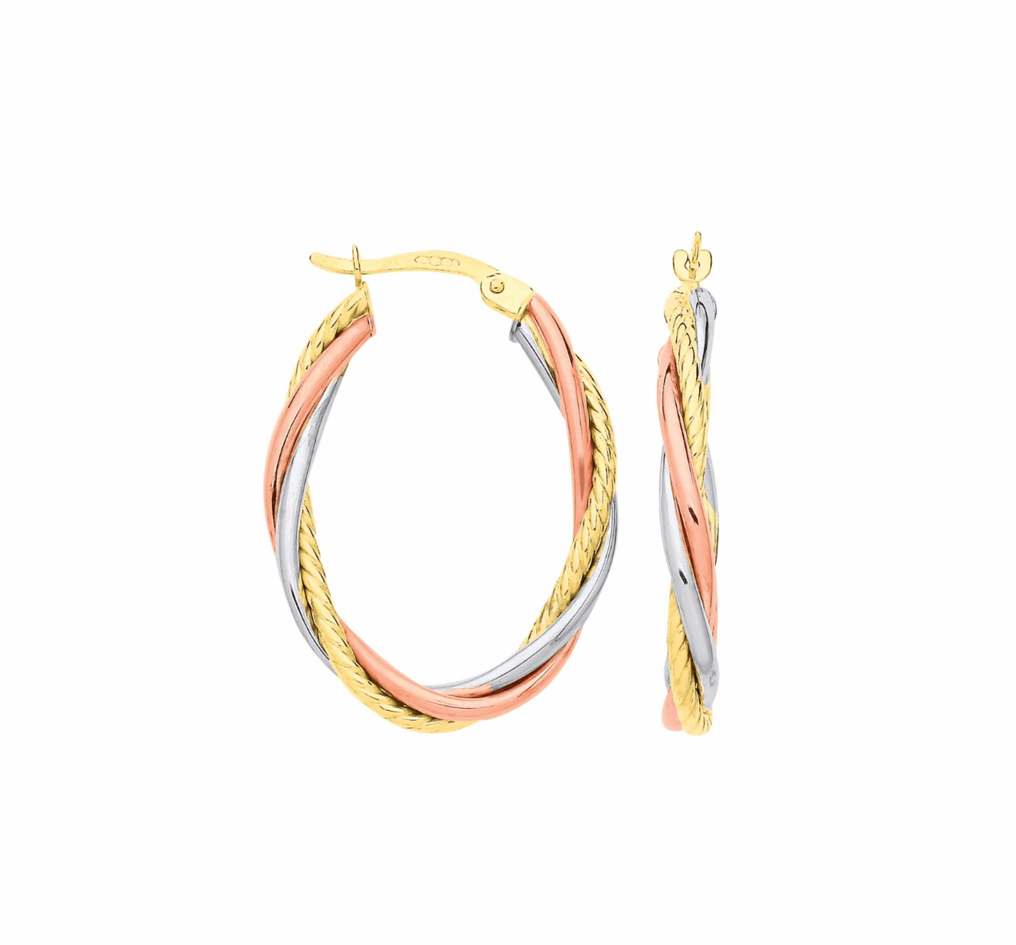 Russian Wedding Oval Hoop Earrings 9ct three Colour Gold Hallmarked 30 x 21mm