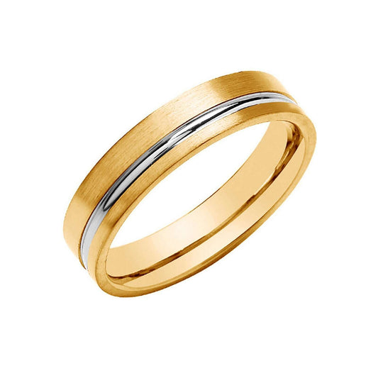 5mm Flat Court Wedding Band Groove Matt/Polished Finish 9ct Yellow & White Gold