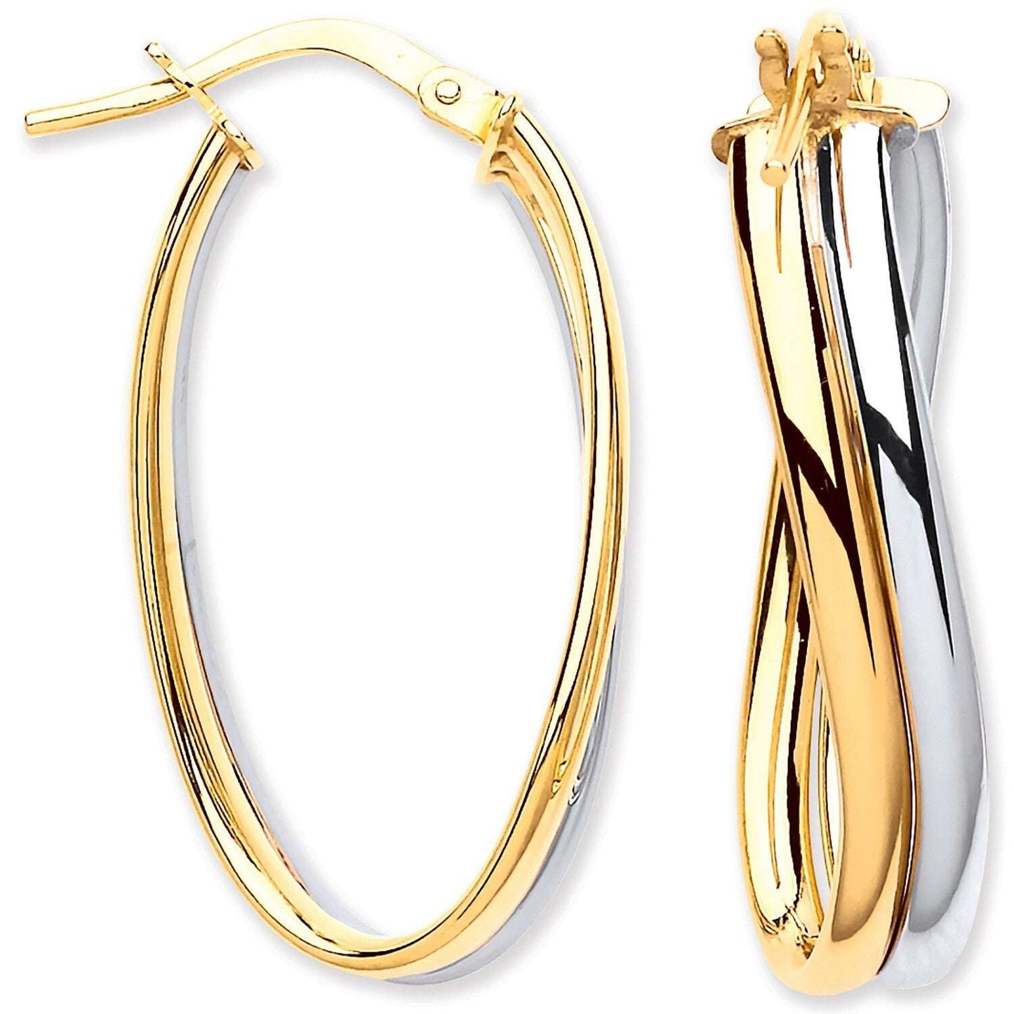 Two Colour Gold Oval Hoop Wavy Earrings 9ct Yellow and White Gold Hallmarked