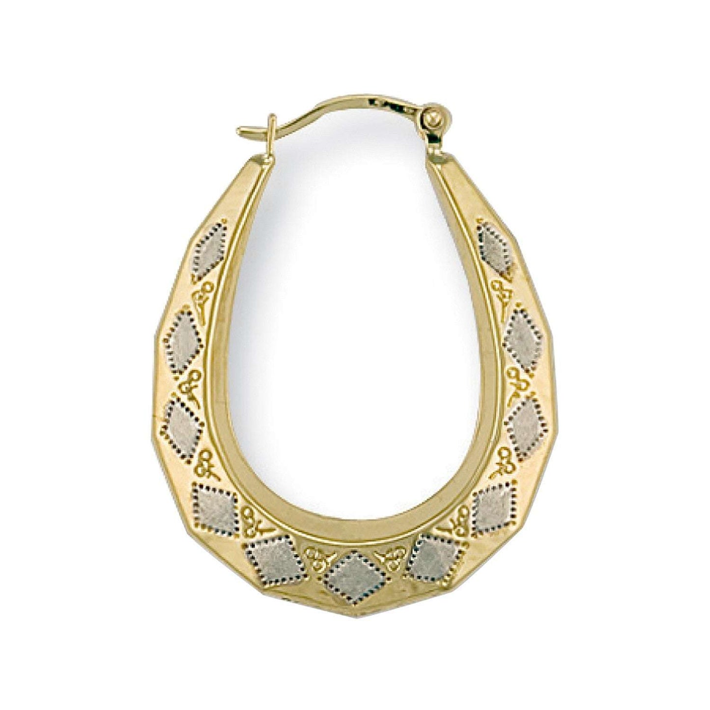 Two Colour Gold Oval Hoop Earrings Hallmarked Yellow and White Gold Diamond Cut