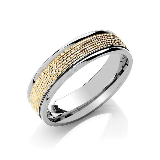 6mm Flat Court Wedding Band Two Colour Mill Grain Centre White and Yellow Gold