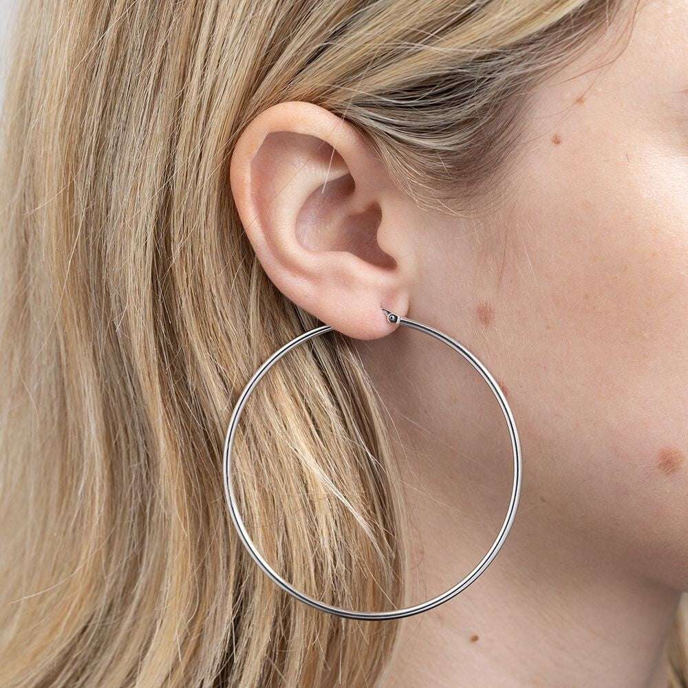 White Gold 64mm Hoop Earrings Round Large Hoops Hallmarked