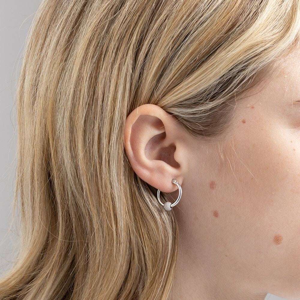 9ct White Gold Hoop Earrings Glitterball Design - 17mm Hallmarked