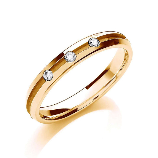 Diamond 3mm Court Wedding Band 3 Brilliant Cut Stones Centre Groove Yellow Gold
