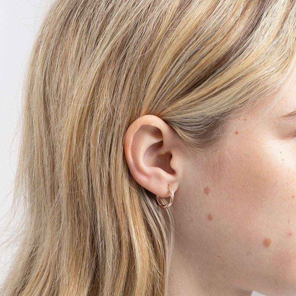 Rose Gold 15mm Twist Hoop Earrings Round Tubular Hoops Hallmarked