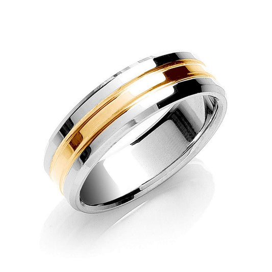 7mm Flat Court Wedding Band Bevelled Edge 9ct White Gold 9ct Yellow Gold Centre