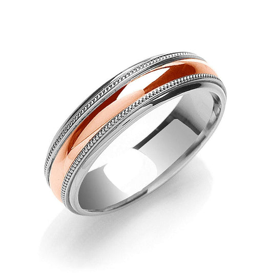6mm Court Wedding Band Mill Grain Edges 2 Colour 9ct White Gold Rose Gold Centre