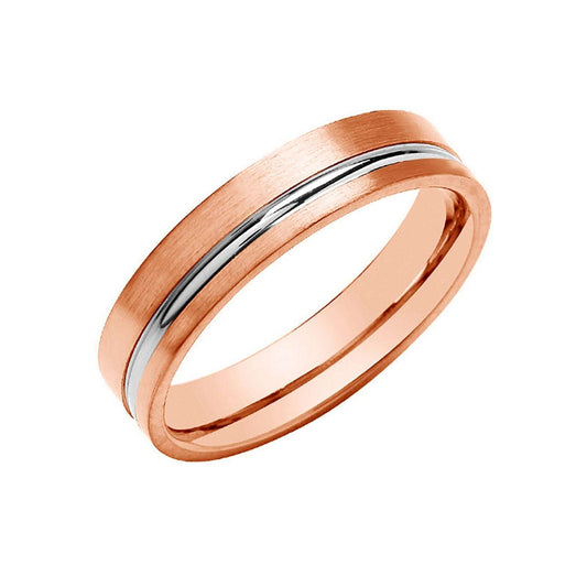 5mm Flat Court Wedding Band Groove Matt/Polished Finish 9ct Rose & White Gold