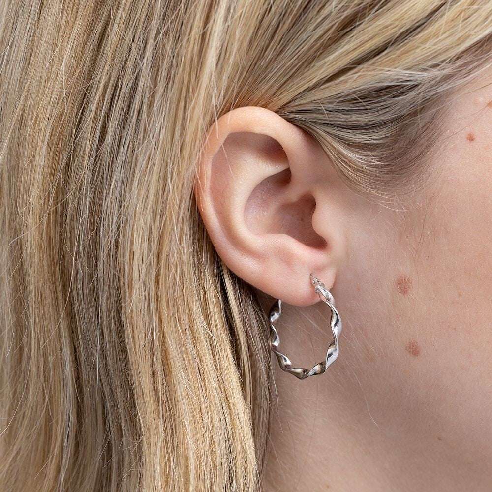 White Gold Twisted Hoop Earrings 25mm Hoops Hallmarked
