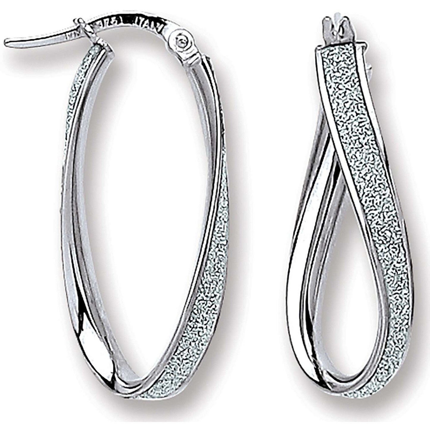 White Gold Oval Hoop Earrings Glitter Moondust Twist Hoops Hallmarked 30mm