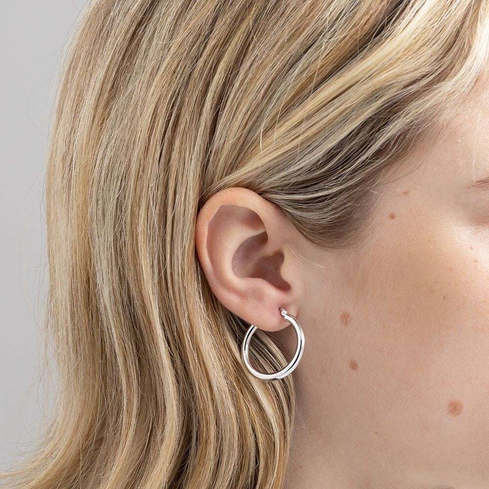 White Gold 25mm Hoop Earrings Round Tubular Hoops Hallmarked