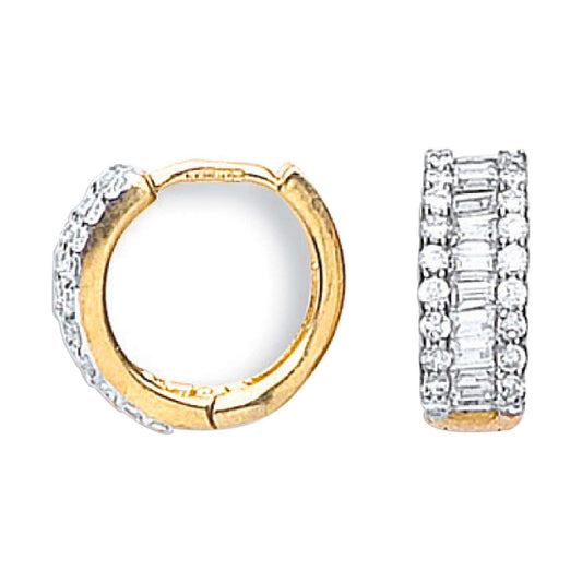 Yellow Gold Huggie Hoop Earrings Baguette and Round Zircon 15mm Hinged Hallmark