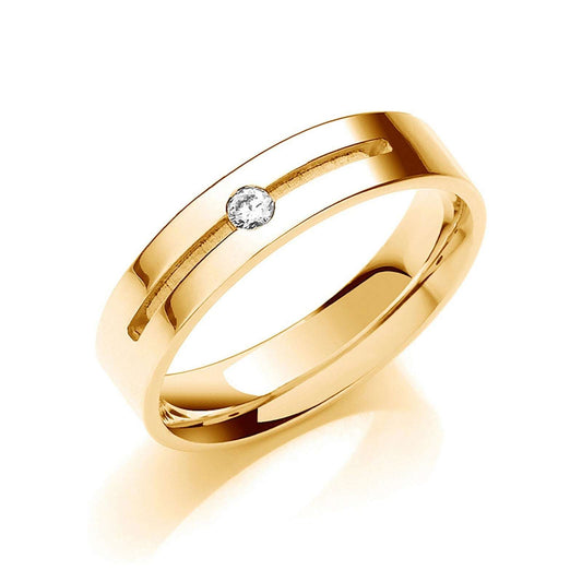 Diamond 5mm Flat Court Wedding Band Brilliant Cut Solitaire Yellow Gold