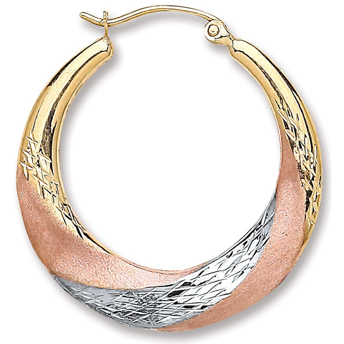 Three Colour Gold Hoop Earrings 25mm Hallmarked Patterned Hoops