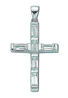 Sterling Silver Baguette Cut Cross Pendant 925 Hallmark 31 x 15mm