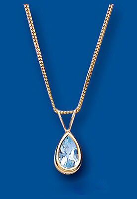 Blue Topaz Necklace Yellow Gold Pear Solitaire 18" Chain Hallmarked British