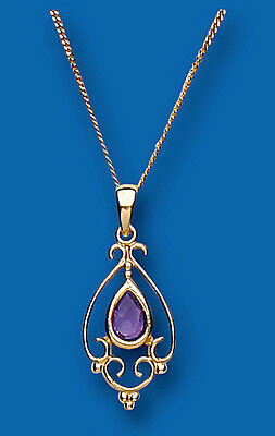 Victorian Design Amethyst Pendant Yellow Gold Hallmarked 18" Chain British Made