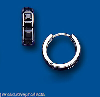 Men's Huggie Hoop Earring Black Gemstone Solid Sterling Silver Gents