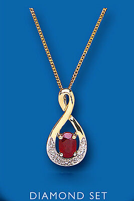 Ruby and Diamond Pendant 9ct Yellow Gold Infinity Twist Necklace 16 - 18" Chain