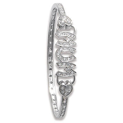 Sterling Silver MUM and Double Hearts Oval Hinged Bangle Hallmarked