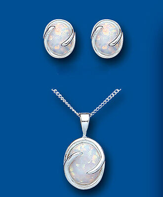 Solid Silver Opal Pendant and Earrings Set