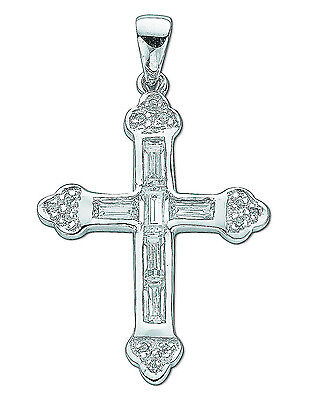 Sterling Silver Fancy Baguette Cut Cross Pendant 925 Hallmark 34 x 20mm