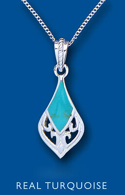 Real Turquoise Silver Pendant Necklace 925 Hallmark 18" Chain British Made