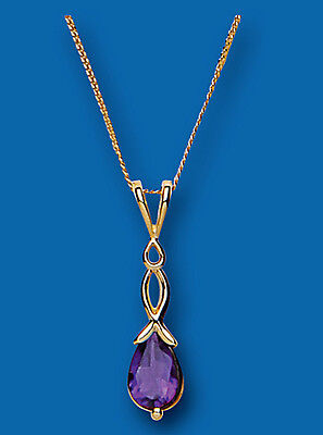 Yellow Gold Amethyst Pendant Twist Design Solitaire 18" Chain Hallmarked British
