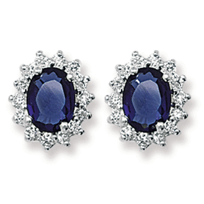 Sapphire Cluster Stud Earrings Sterling Silver Rhodium British Made Hallmark 925