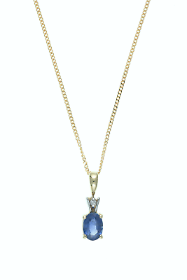Kanchan Sapphire Solitaire and Diamond Pendant Solid 9ct Yellow Gold 16-18"