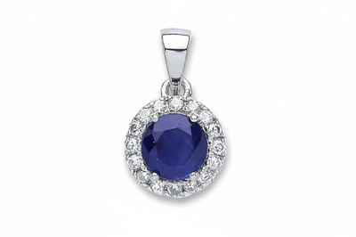 Natural Sapphire Round Pendant Natural Diamond Halo 9ct White Gold 18" Chain