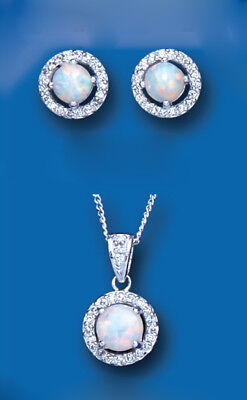 Opal Pendant and Earrings Set Solid Sterling Silver Halo Cluster