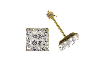 9ct Gold Square Stud Earrings Austrian Crystal Glitter Studs Yellow Gold