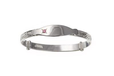 Solid Silver Identity Bangle Child's 3 - 7 years Sparkly Pink Stone