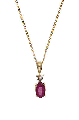 Ruby and Diamond Solitaire Pendant 9ct Yellow Gold Necklace Real Stones