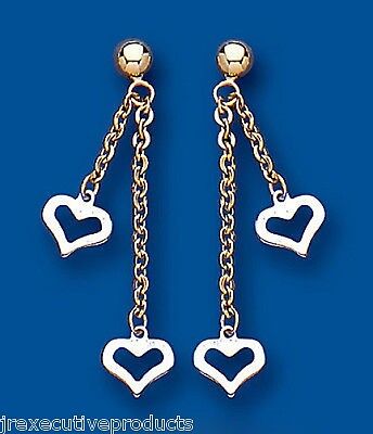 Two Heart Drop Earrings 9ct Yellow and White Gold Drops Dangly Hallmarked