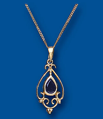 Victorian Design Sapphire Pendant Yellow Gold 18" Chain Hallmarked British Made