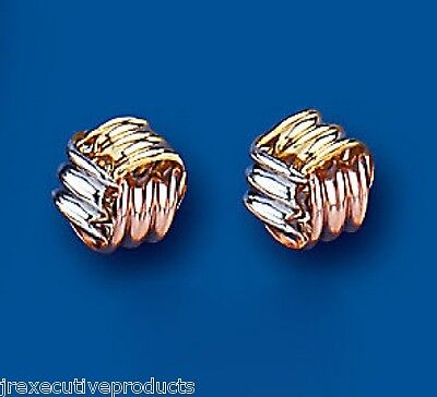 9ct Three Colour Knot Stud Earrings Solid Yellow Rose White Gold 7mm Studs