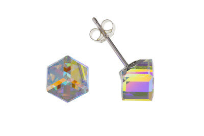 Silver Crystal Cube Earrings Stud 925 Hallmark Ladies Studs Austrian Crystals