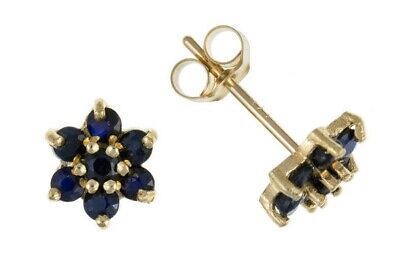 9ct Gold Sapphire Earrings Yellow Gold Cluster September Birthstone Hallmark