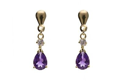 Amethyst and Diamond Earrings Yellow Gold Drop Drops Butterfly Back Hallmarked