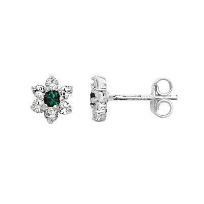 Emerald Flower Stud Earrings Sterling Silver Studs British Made 925 Hallmark